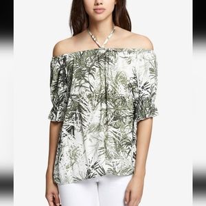 Sanctuary Green Tiki Palm Tropical Print Off The Shoulder 3/4 Sleeve Top Sz L